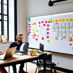 A diverse group of people brainstorming ideas in a modern, open-plan office in Berlin. Post-it notes cover a large whiteboard. Emphasis on collaboration and knowledge sharing. Include laptops and coffee cups for a realistic touch.