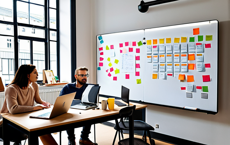A diverse group of people brainstorming ideas in a modern, open-plan office in Berlin. Post-it notes cover a large whiteboard. Emphasis on collaboration and knowledge sharing. Include laptops and coffee cups for a realistic touch.