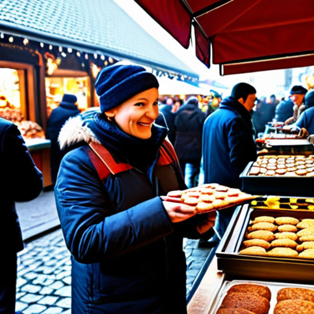 **

A bustling Christmas market scene in Germany, safe for work. Vendors are friendly and helpful, offering samples of Glühwein and Lebkuchen in a professional manner. Focus on the positive interactions and festive atmosphere. Fully clothed customers browse the stalls. High quality, professional photography, appropriate content, perfect anatomy, natural proportions, family-friendly.

**