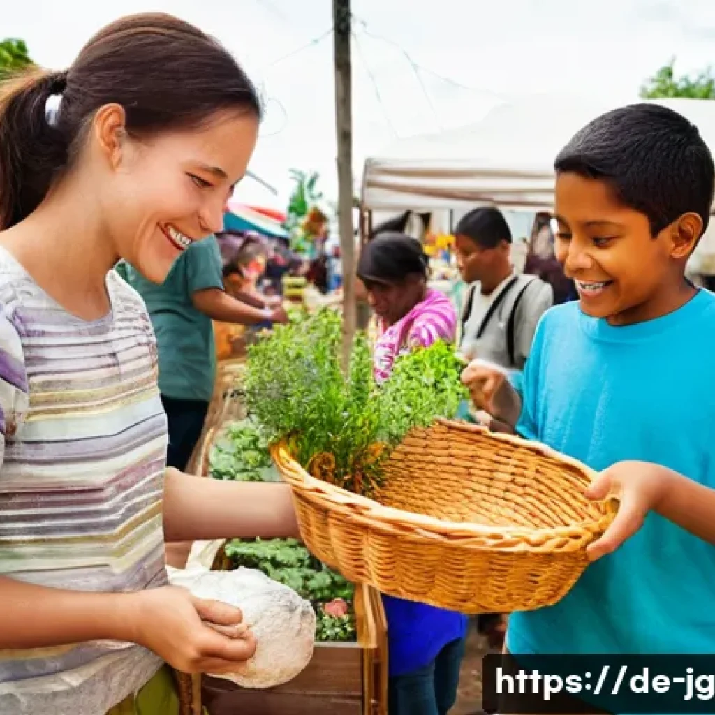 호혜적 교환 시스템의 새로운 트렌드 - **Vibrant Community Exchange Fair:** A lively outdoor scene at a bustling community fair, showcasing...