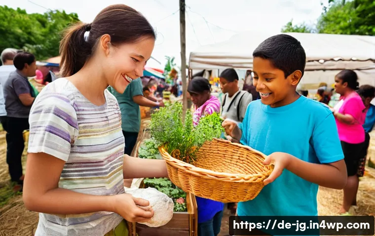 호혜적 교환 시스템의 새로운 트렌드 - **Vibrant Community Exchange Fair:** A lively outdoor scene at a bustling community fair, showcasing...