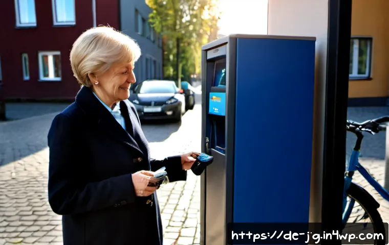 호혜적 교환 시스템의 미래 기술 동향 - Photorealistic modern German neighborhood sharing hub, an older woman and young man exchanging a reu...